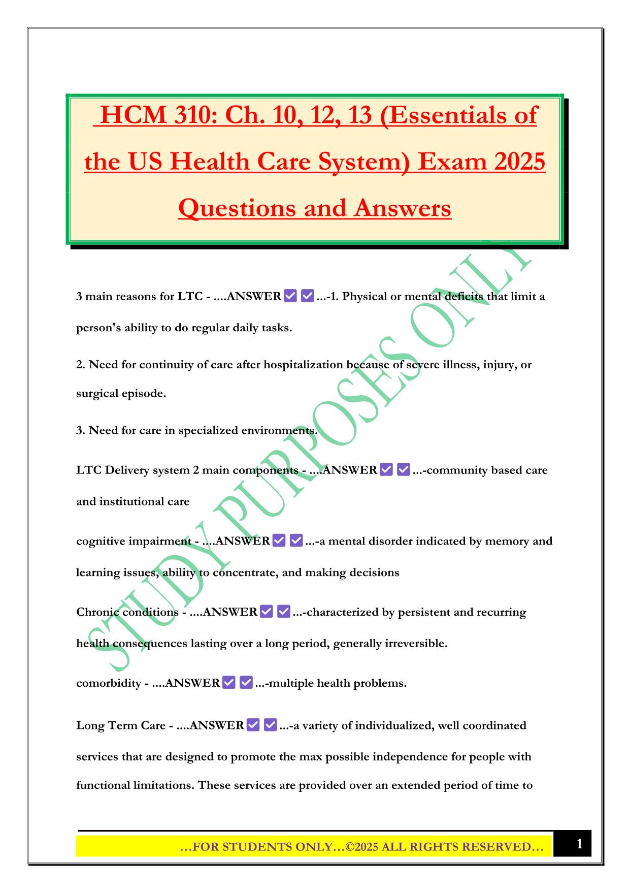 HCM 310: Ch. 10, 12, 13 (Essentials of the US Health Care System) Exam 2025 Questions and Answers