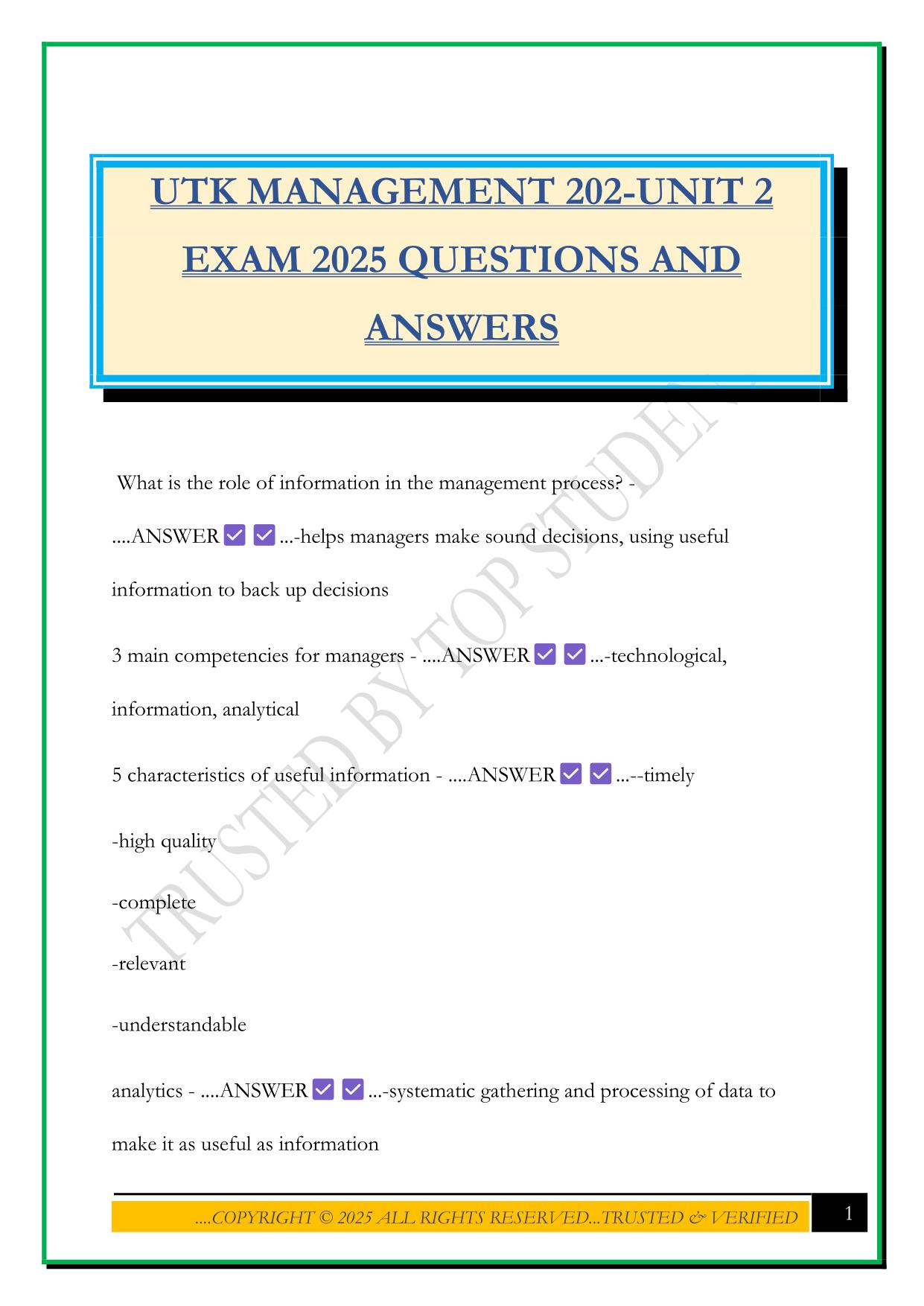 UTK MANAGEMENT 202-UNIT 2 EXAM 2025 QUESTIONS AND ANSWERS