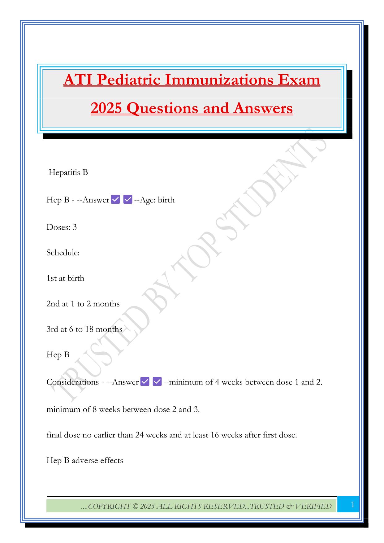 ATI Pediatric Immunizations Exam 2025 Questions and Answers
