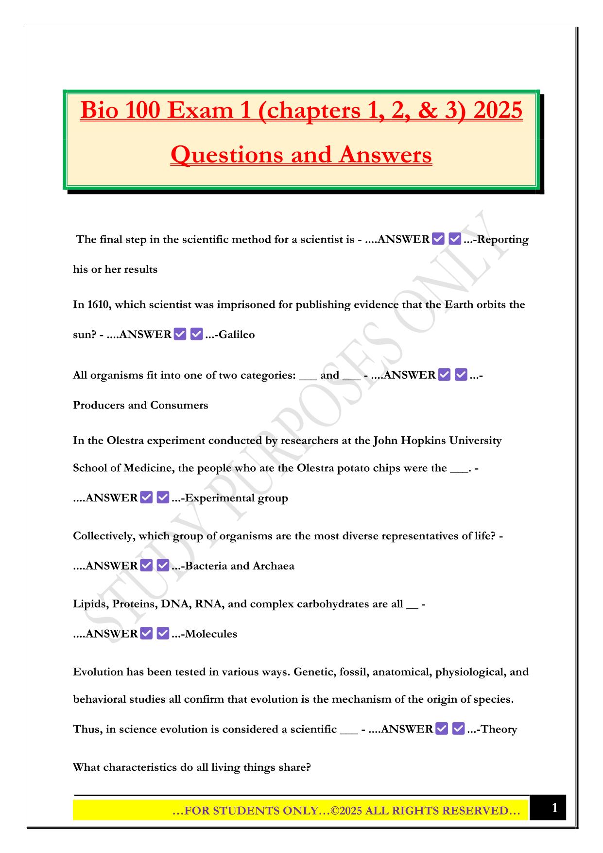 Bio 100 Exam 1 (chapters 1, 2, & 3) 2025 Questions and Answers