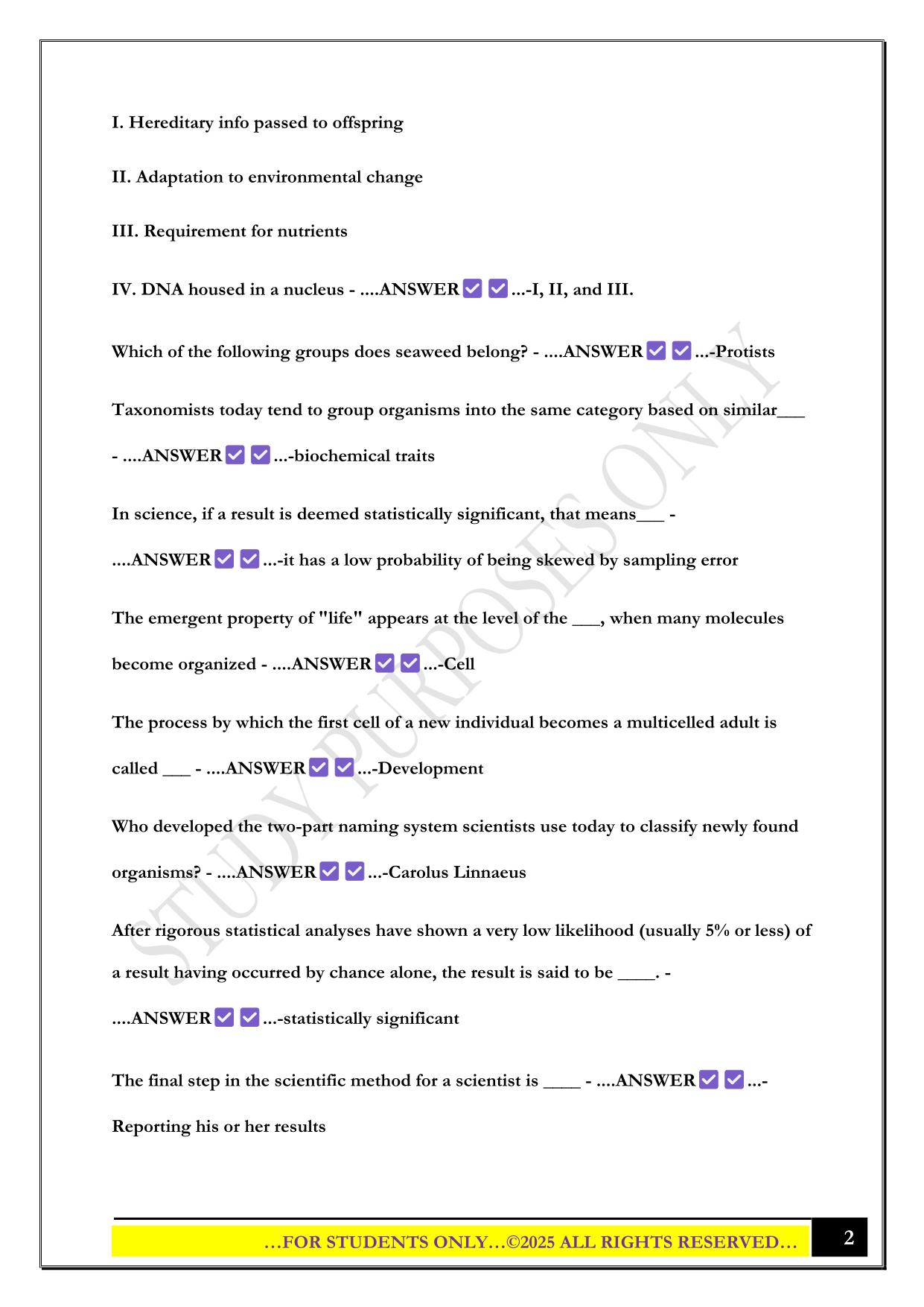Bio 100 Exam 1 (chapters 1, 2, & 3) 2025 Questions and Answers