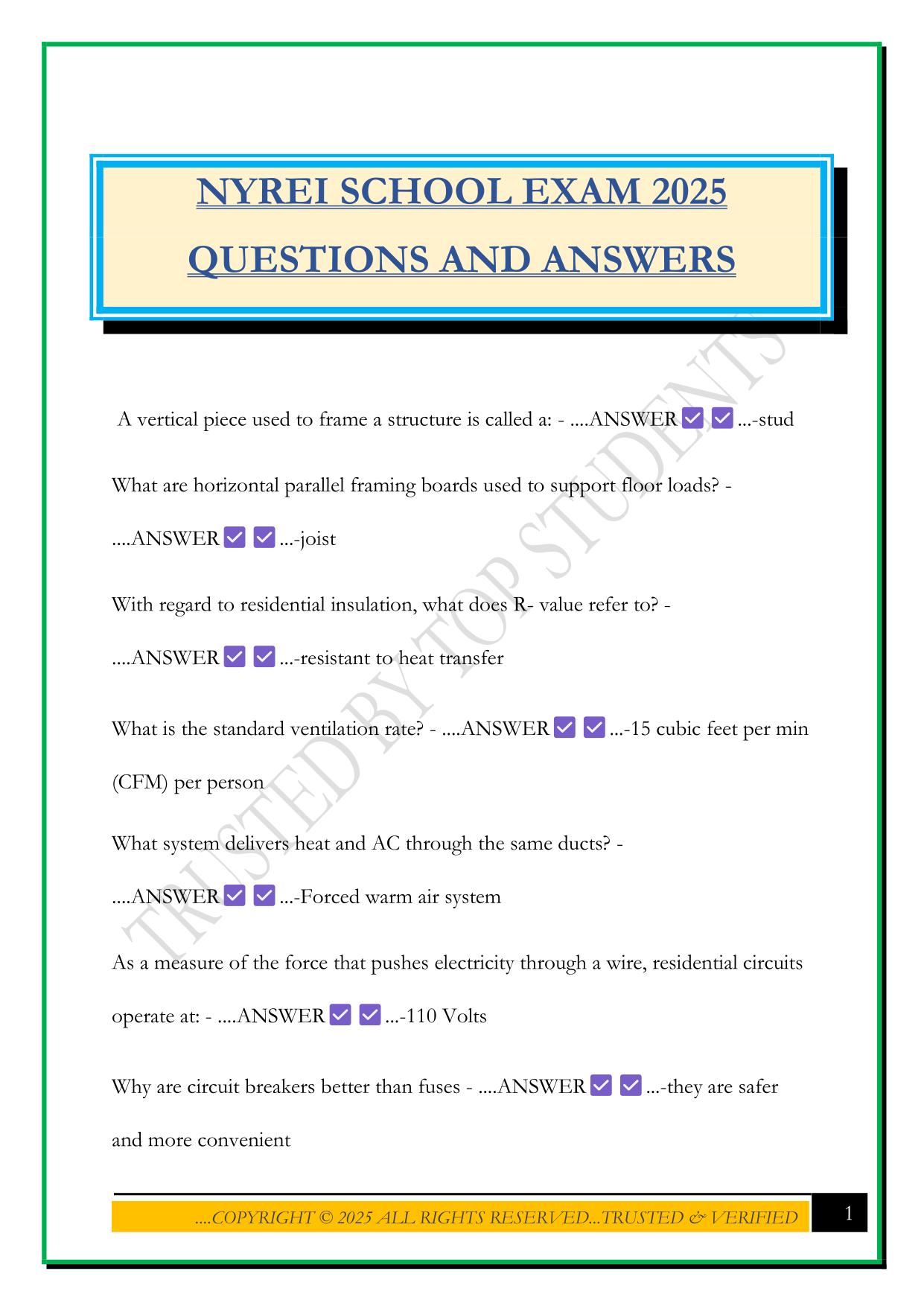 NYREI SCHOOL EXAM 2025 QUESTIONS AND ANSWERS