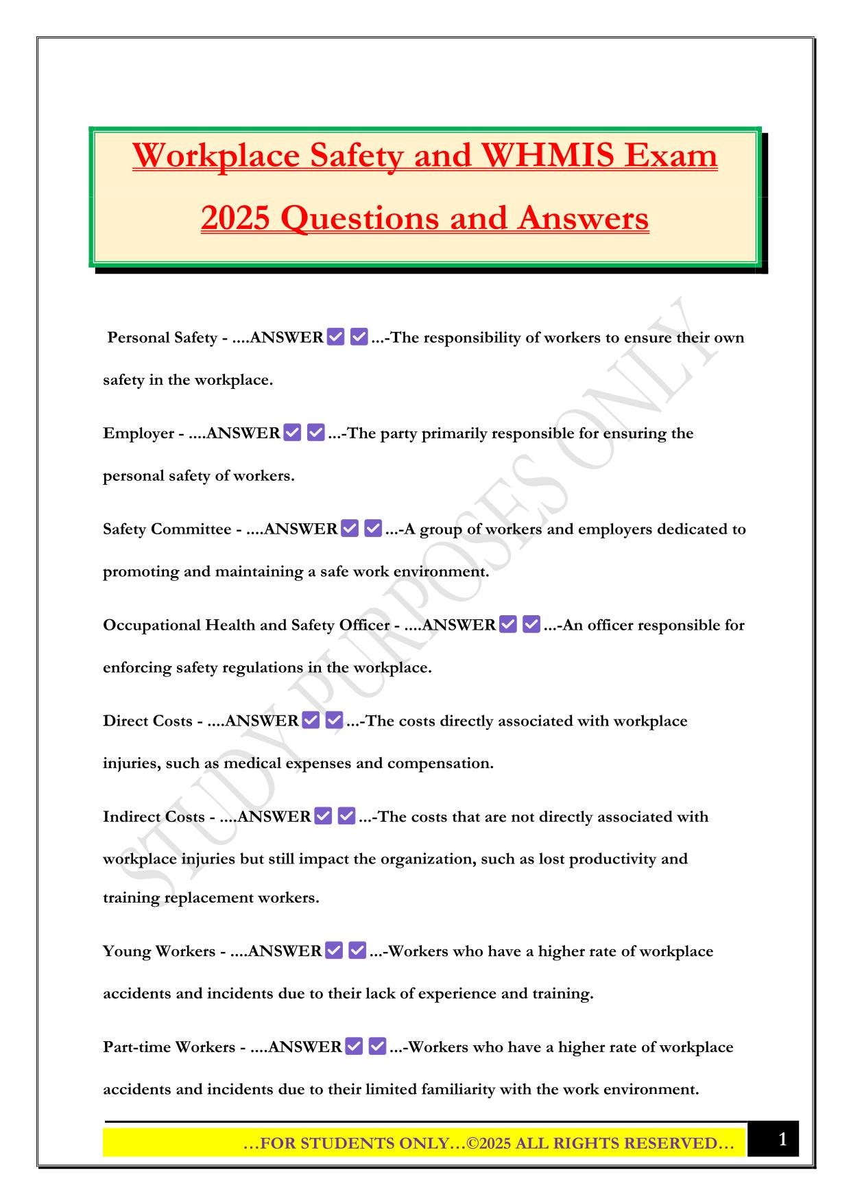Workplace Safety and WHMIS Exam 2025 Questions and Answers