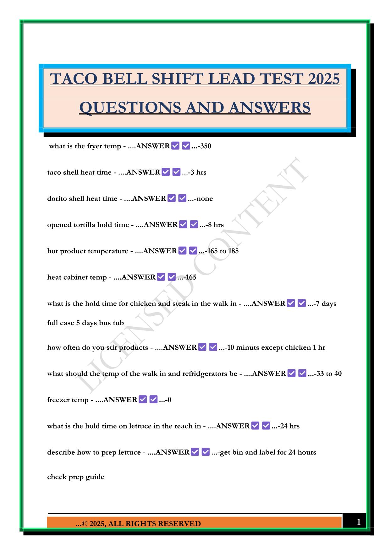 TACO BELL SHIFT LEAD TEST 2025 QUESTIONS AND ANSWERS