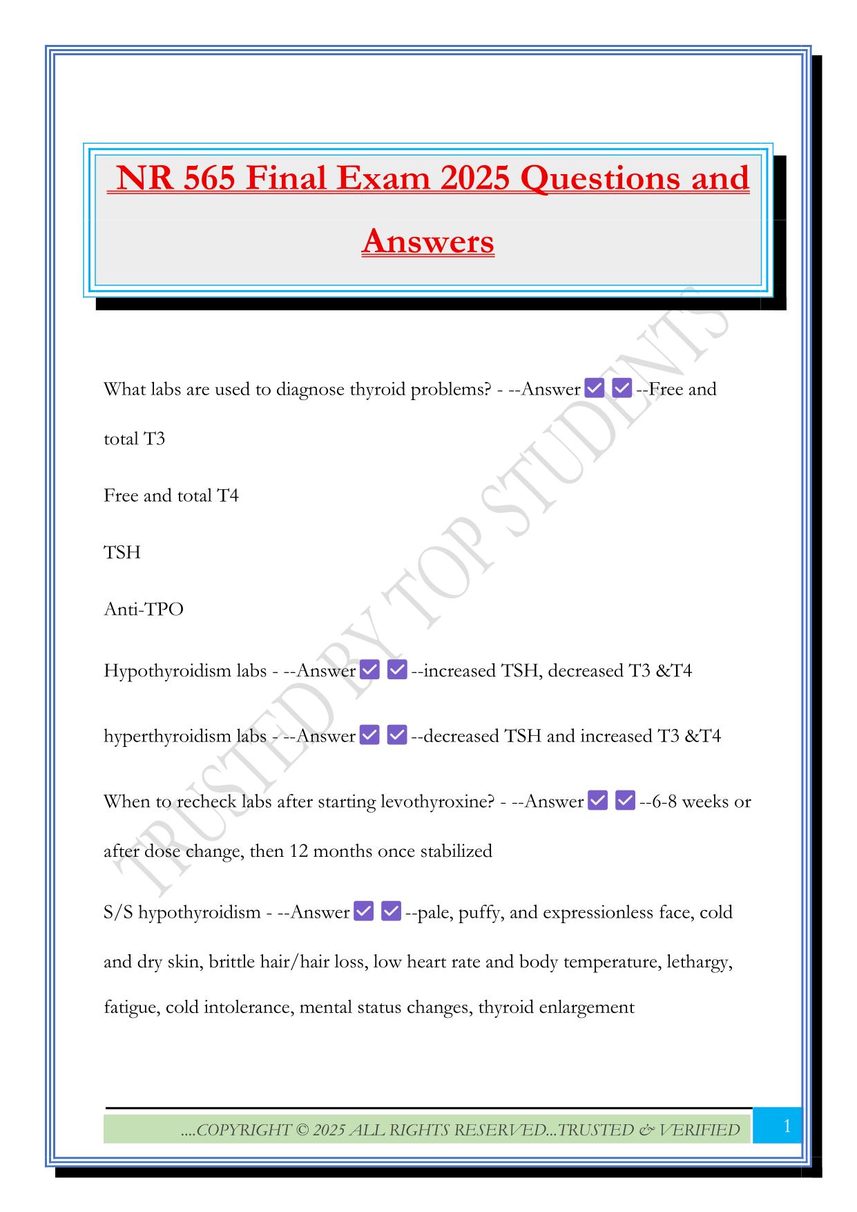 NR 565 Final Exam 2025 Questions and Answers