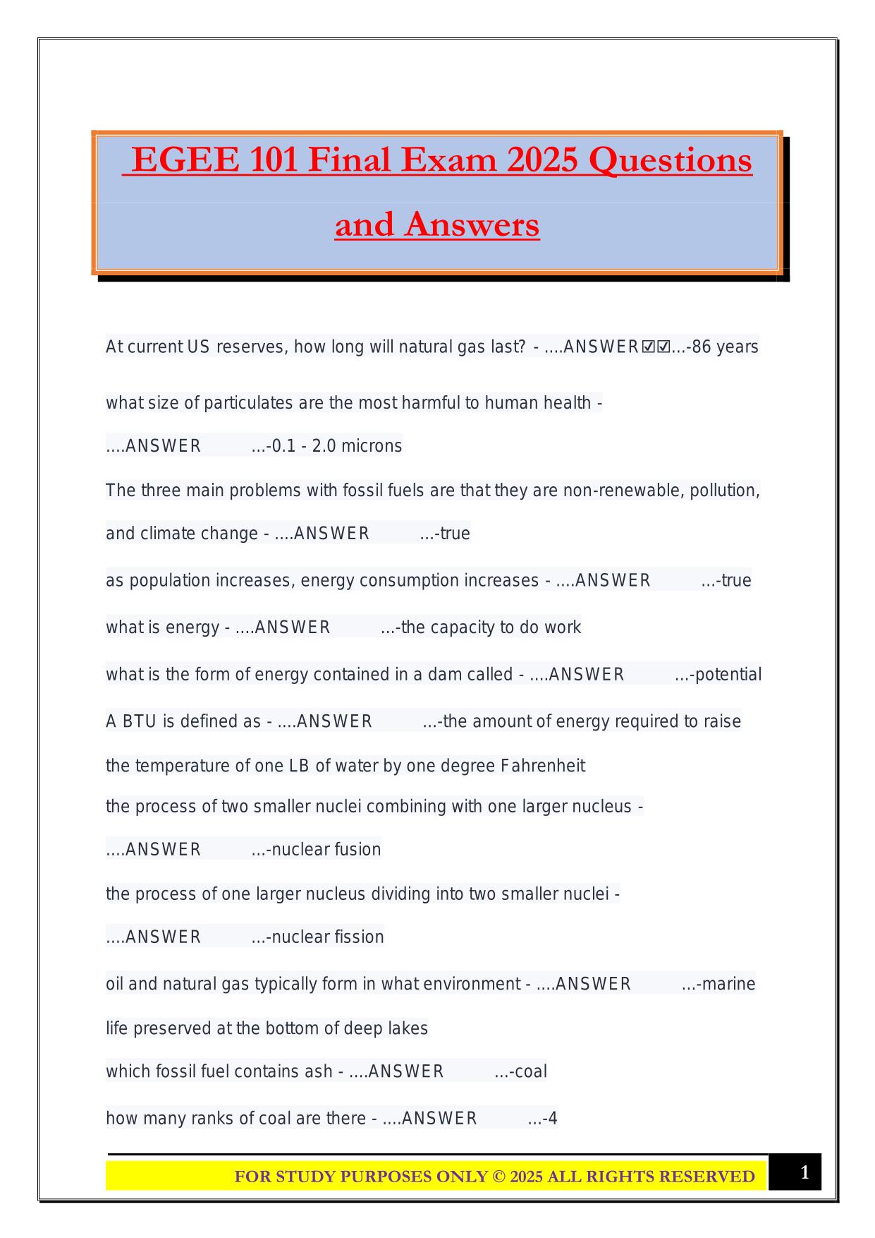 EGEE 101 Final Exam 2025 Questions and Answers