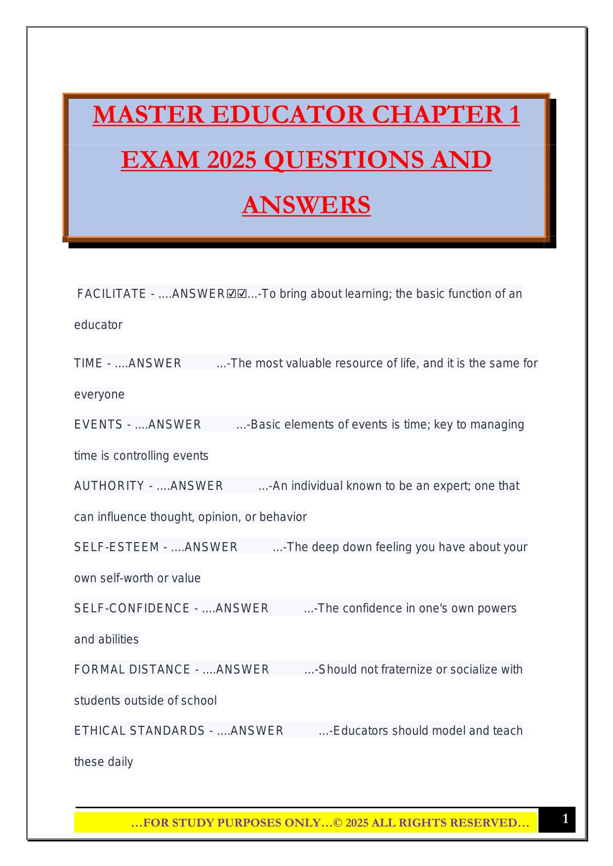 MASTER EDUCATOR CHAPTER 1 EXAM 2025 QUESTIONS AND ANSWERS