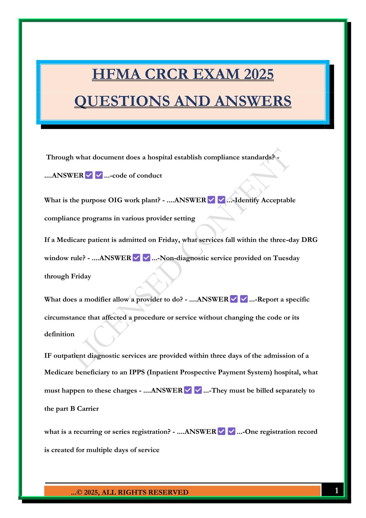 HFMA CRCR EXAM 2025 QUESTIONS AND ANSWERS