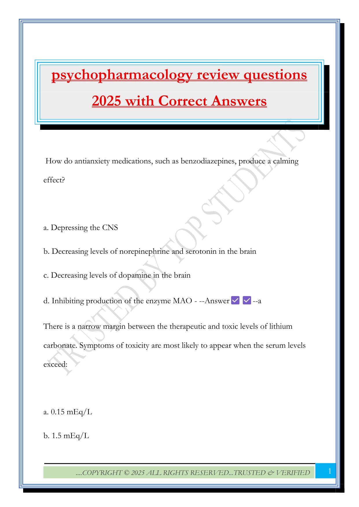 psychopharmacology review questions 2025 with Correct Answers