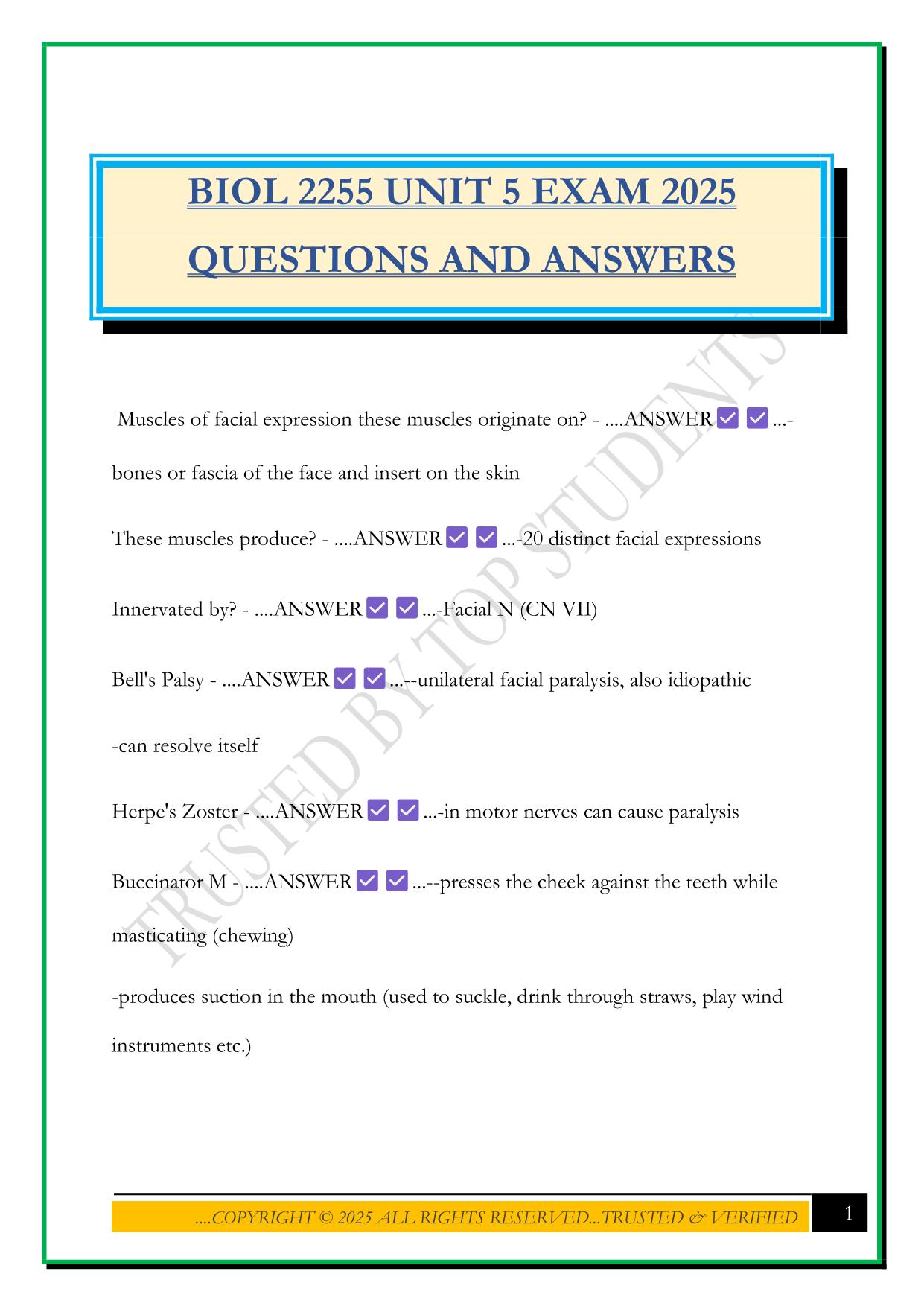 BIOL 2255 UNIT 5 EXAM 2025 QUESTIONS AND ANSWERS