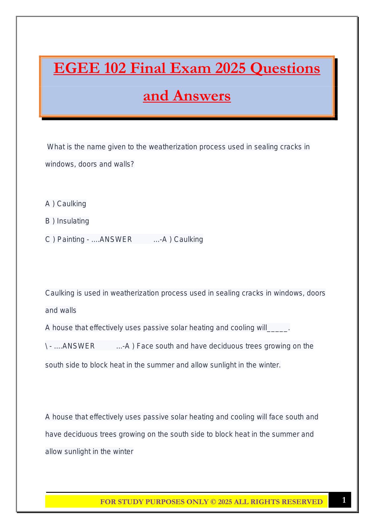 EGEE 102 Final Exam 2025 Questions and Answers