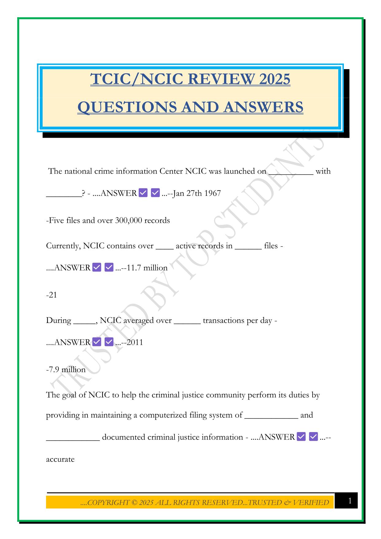 TCIC/NCIC REVIEW 2025 QUESTIONS AND ANSWERS