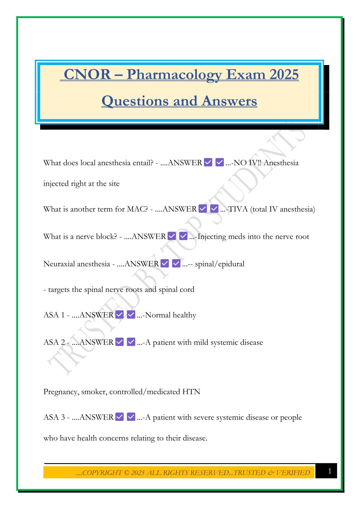 CNOR – Pharmacology Exam 2025 Questions and Answers