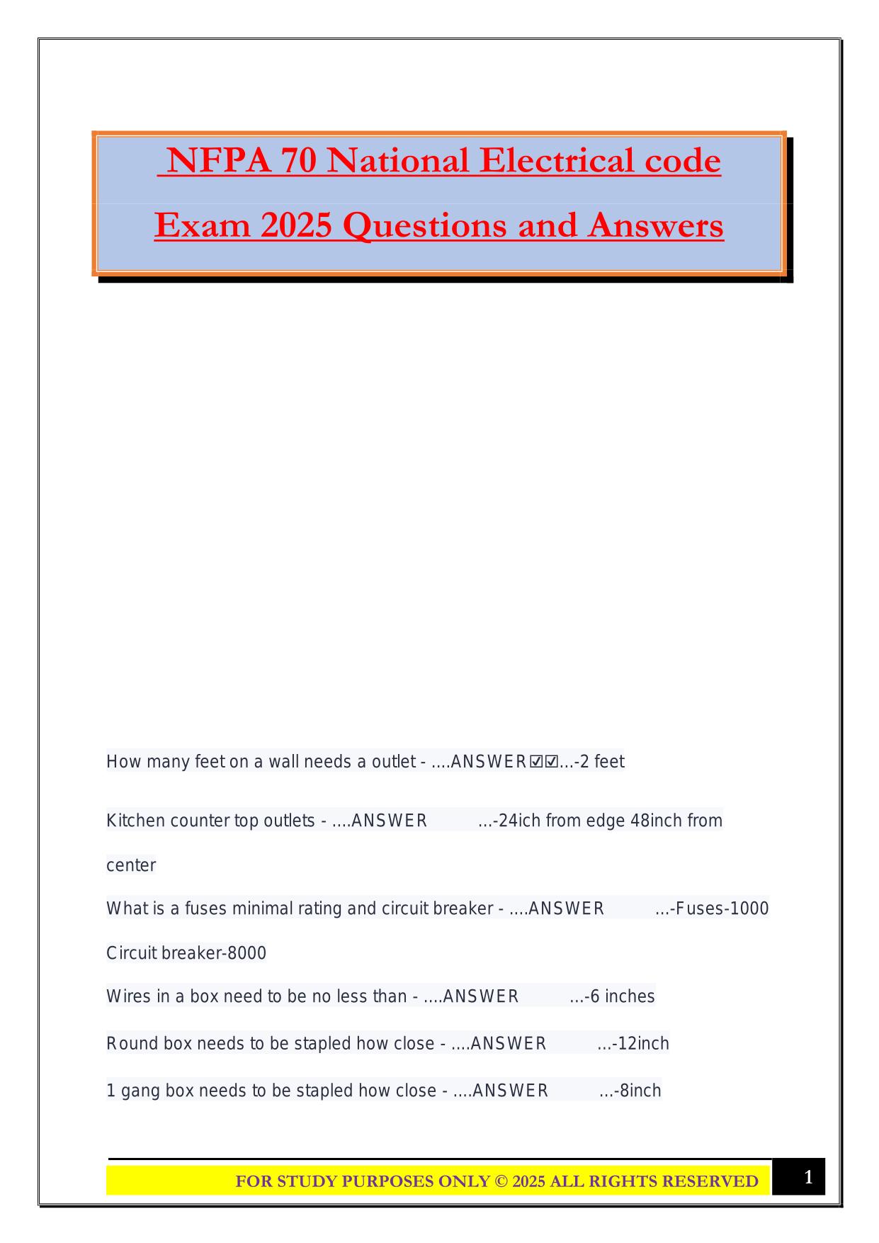 NFPA 70 National Electrical code Exam 2025 Questions and Answers