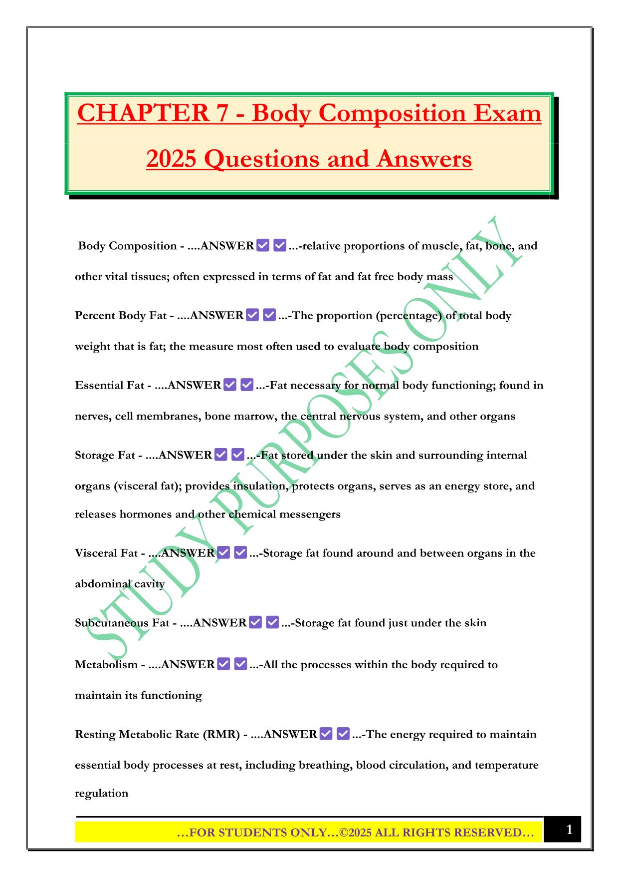 CHAPTER 7 - Body Composition Exam 2025 Questions and Answers