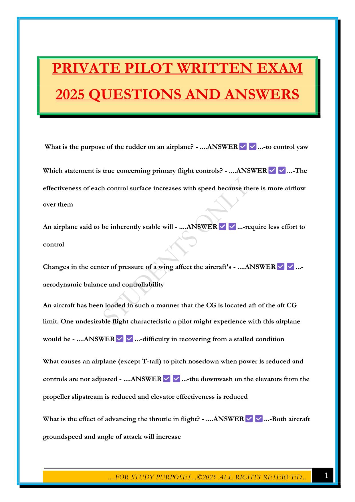 PRIVATE PILOT WRITTEN EXAM 2025 QUESTIONS AND ANSWERS