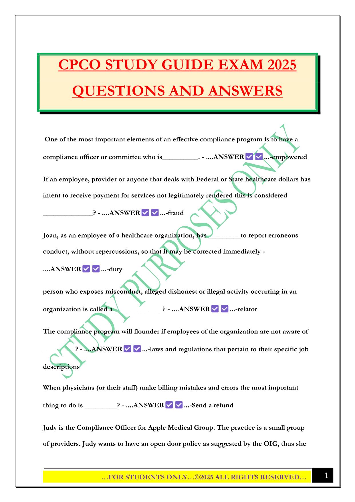 CPCO STUDY GUIDE EXAM 2025 QUESTIONS AND ANSWERS