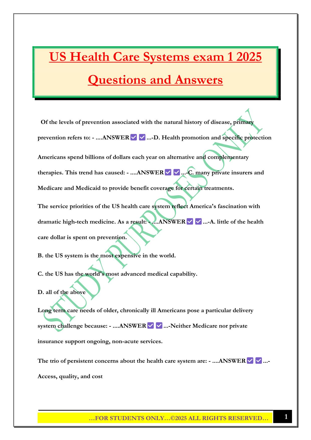US Health Care Systems exam 1 2025 Questions and Answers
