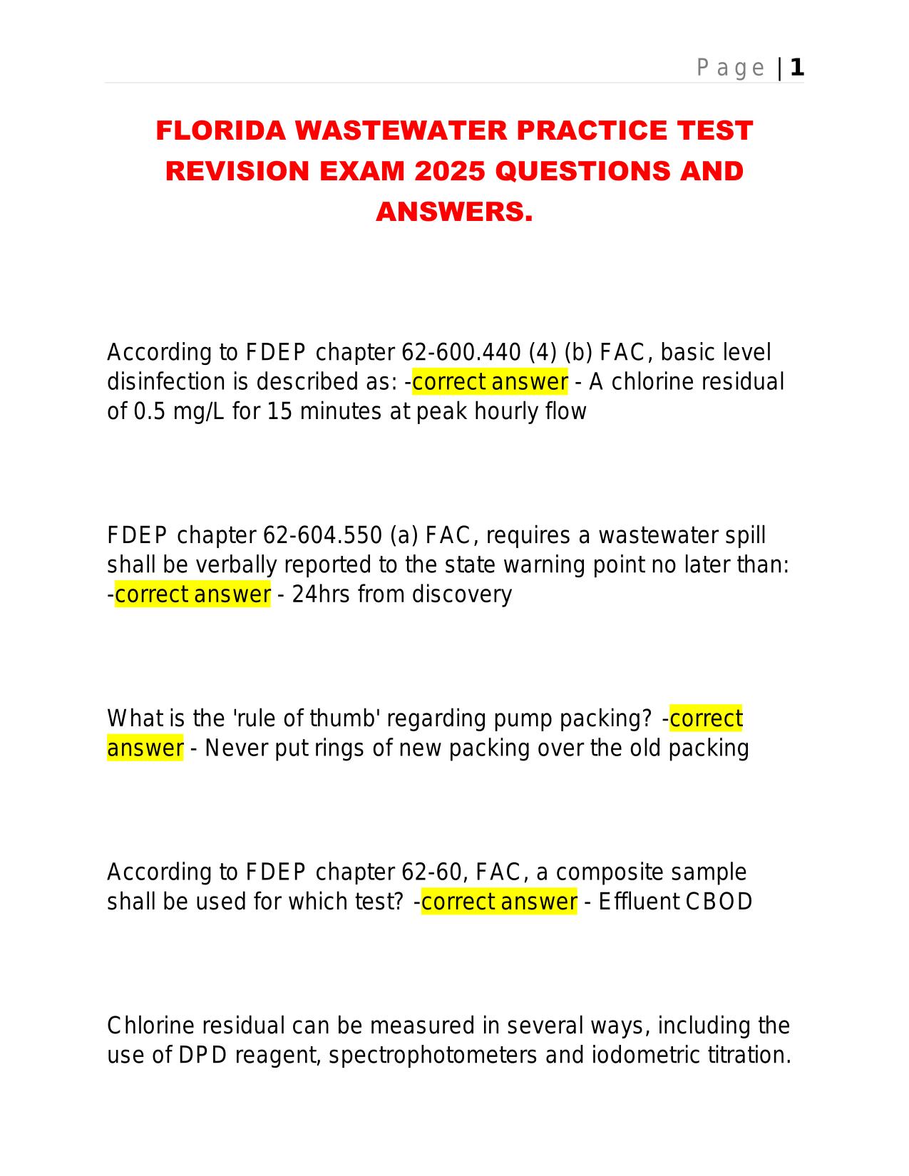 FLORIDA WASTEWATER PRACTICE TEST REVISION EXAM 2025 QUESTIONS AND ANSWERS.