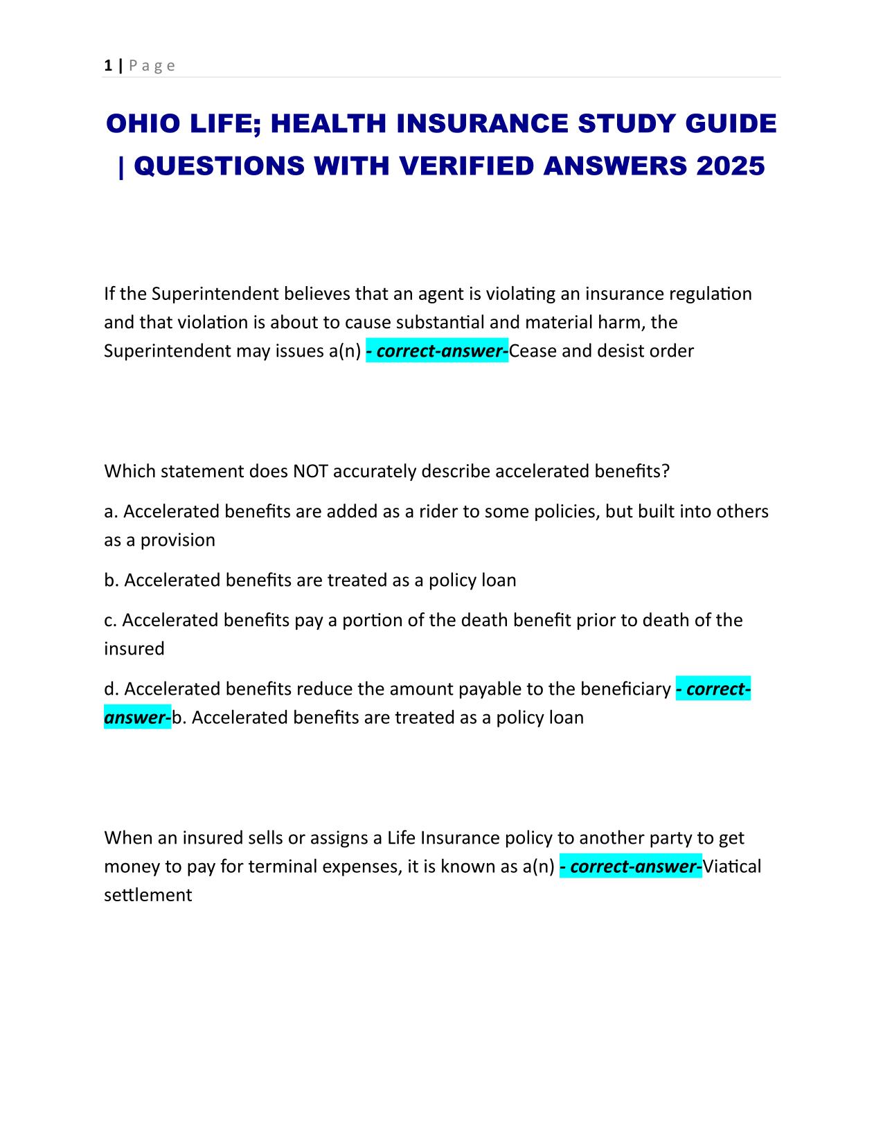 OHIO LIFE; HEALTH INSURANCE STUDY GUIDE | QUESTIONS WITH VERIFIED ANSWERS 2025