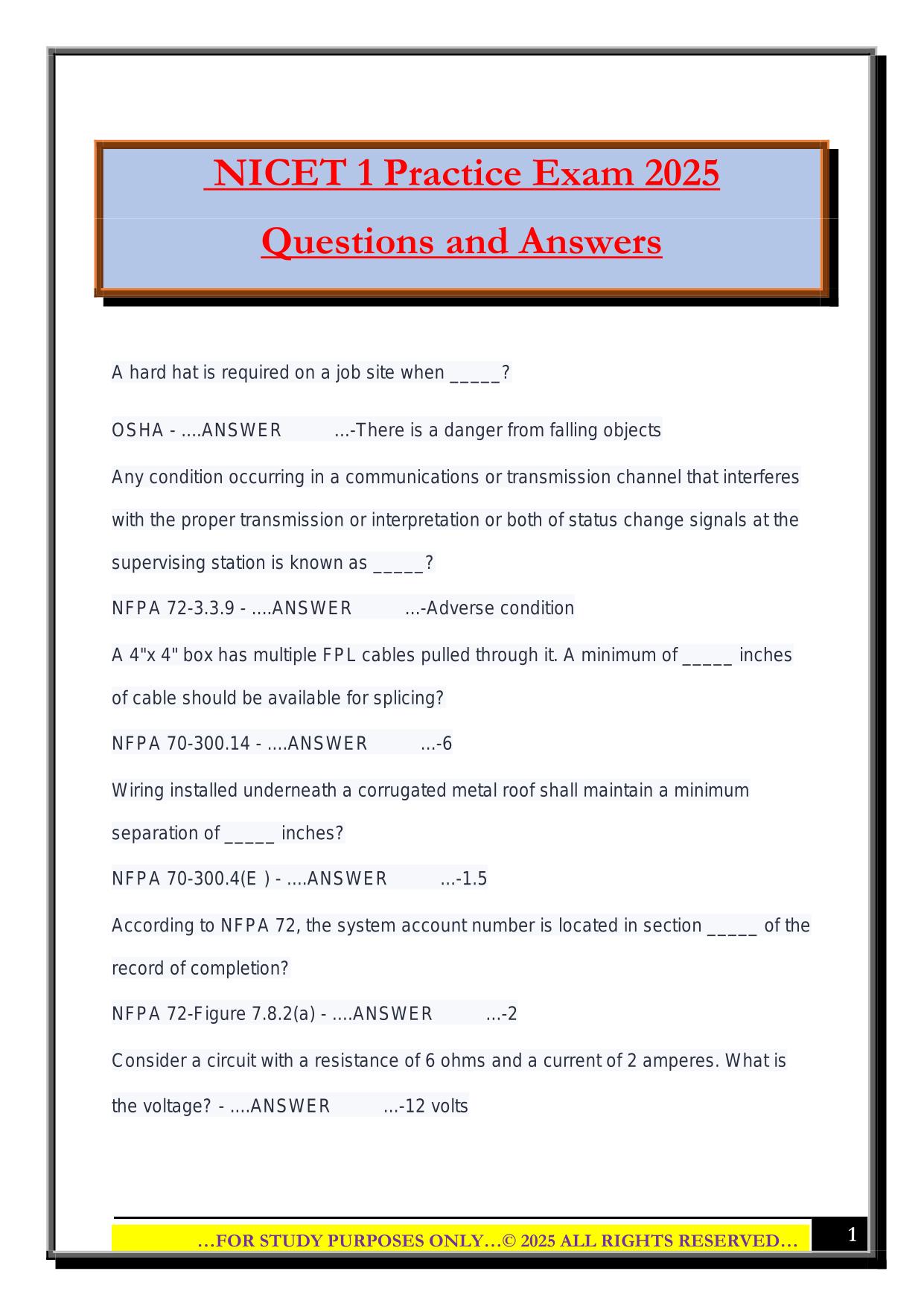 NICET 1 Practice Exam 2025 Questions and Answers