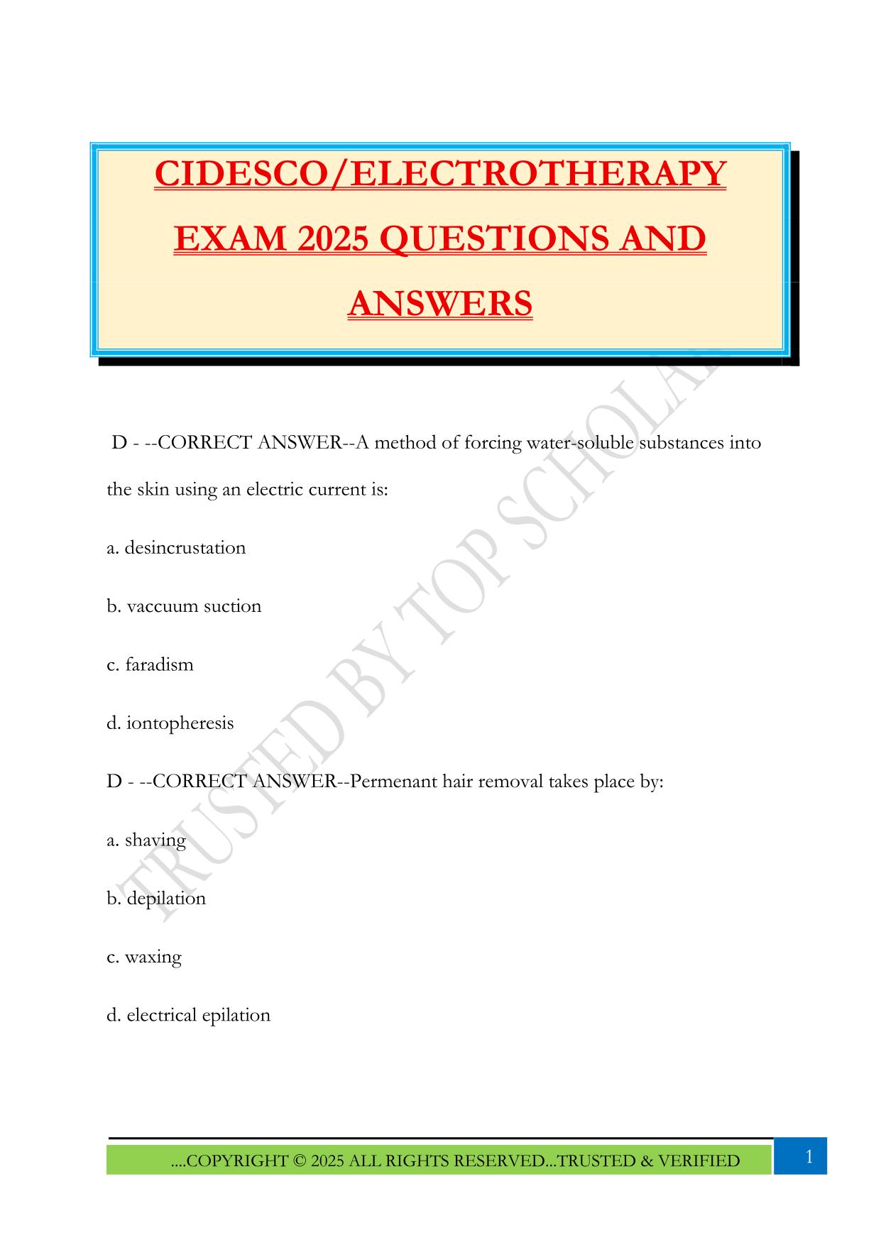 CIDESCO/ELECTROTHERAPY EXAM 2025 QUESTIONS AND ANSWERS