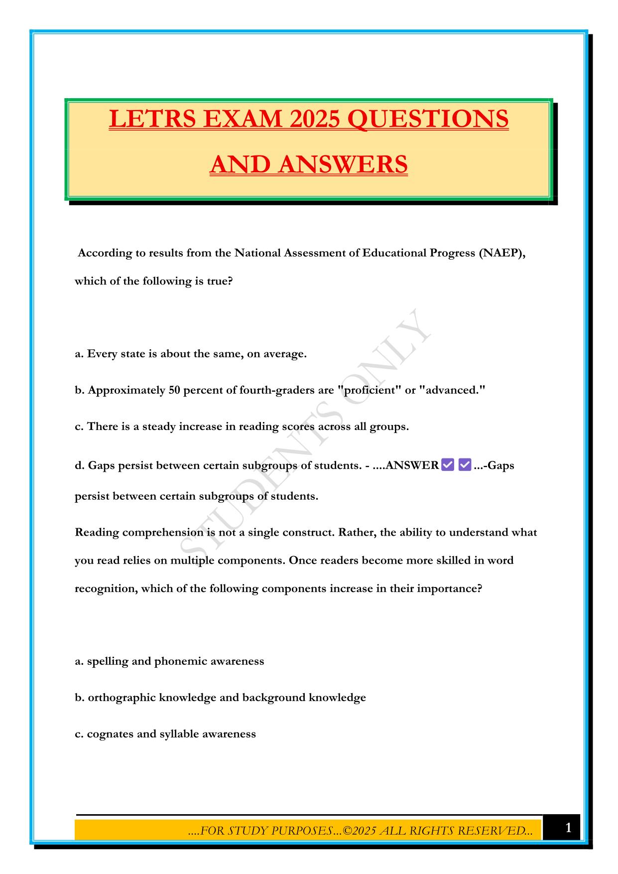 LETRS EXAM 2025 QUESTIONS AND ANSWERS