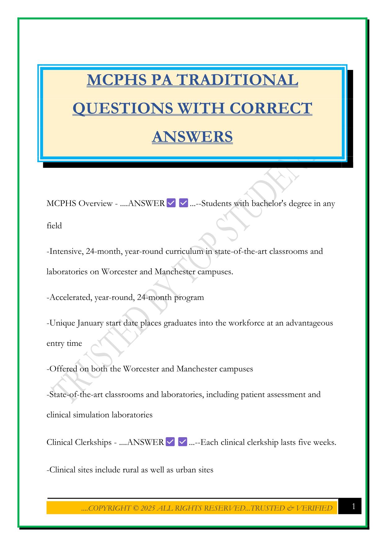 MCPHS PA TRADITIONAL QUESTIONS WITH CORRECT ANSWERS