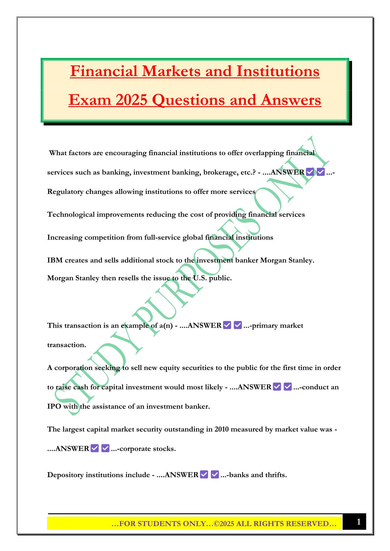 Financial Markets and Institutions Exam 2025 Questions and Answers