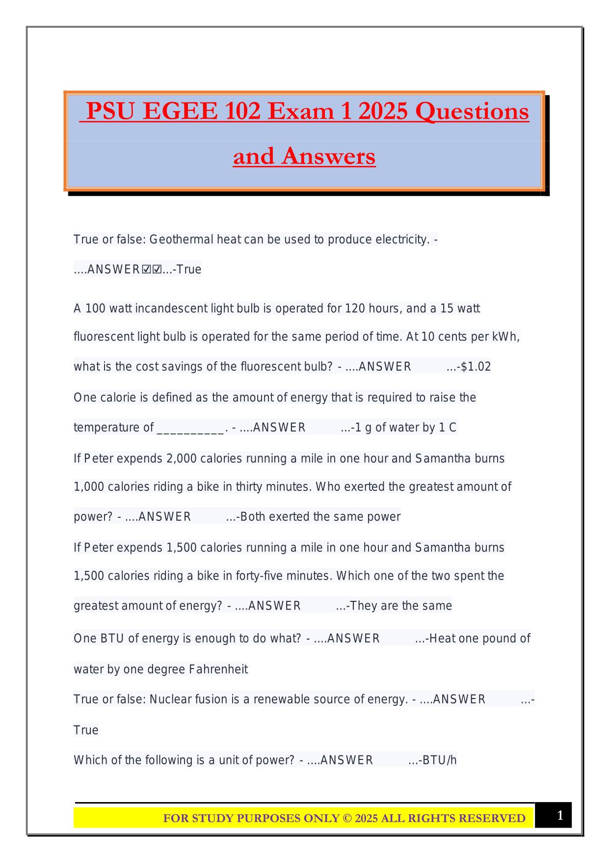 PSU EGEE 102 Exam 1 2025 Questions and Answers
