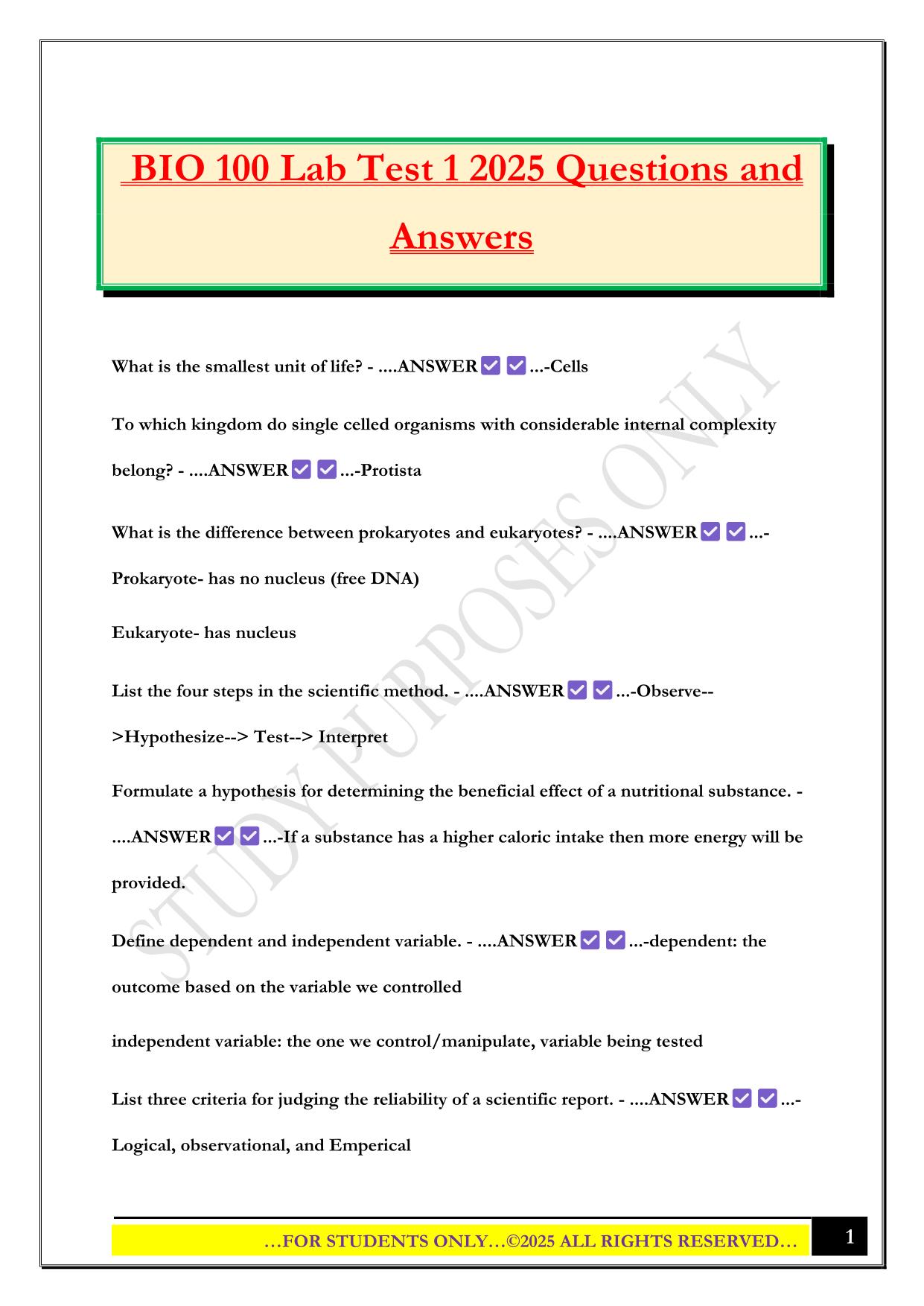 BIO 100 Lab Test 1 2025 Questions and Answers