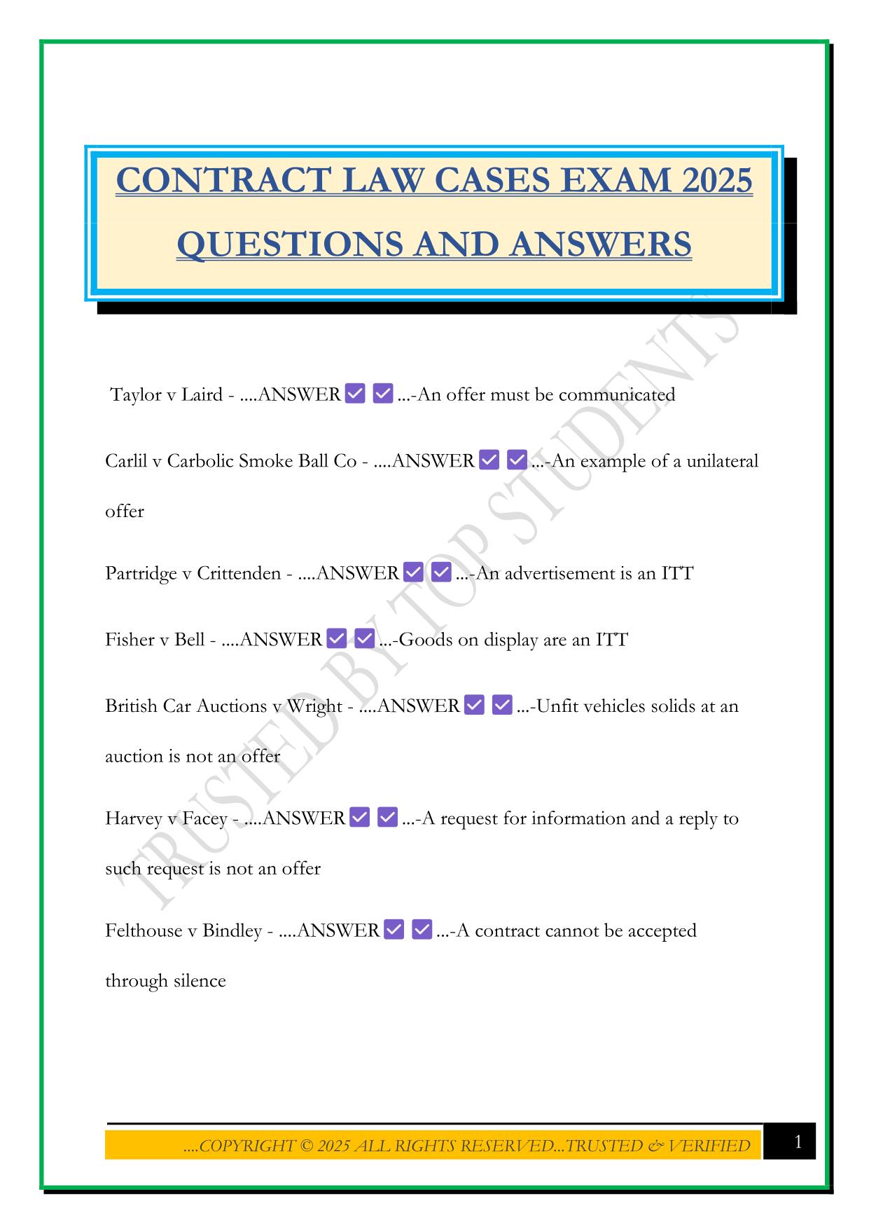 CONTRACT LAW CASES EXAM 2025 QUESTIONS AND ANSWERS