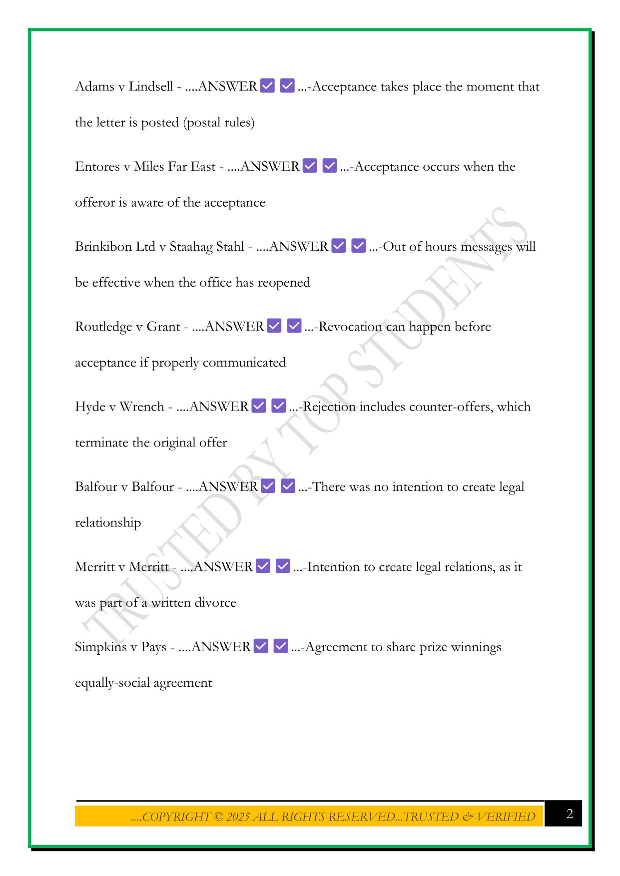 CONTRACT LAW CASES EXAM 2025 QUESTIONS AND ANSWERS