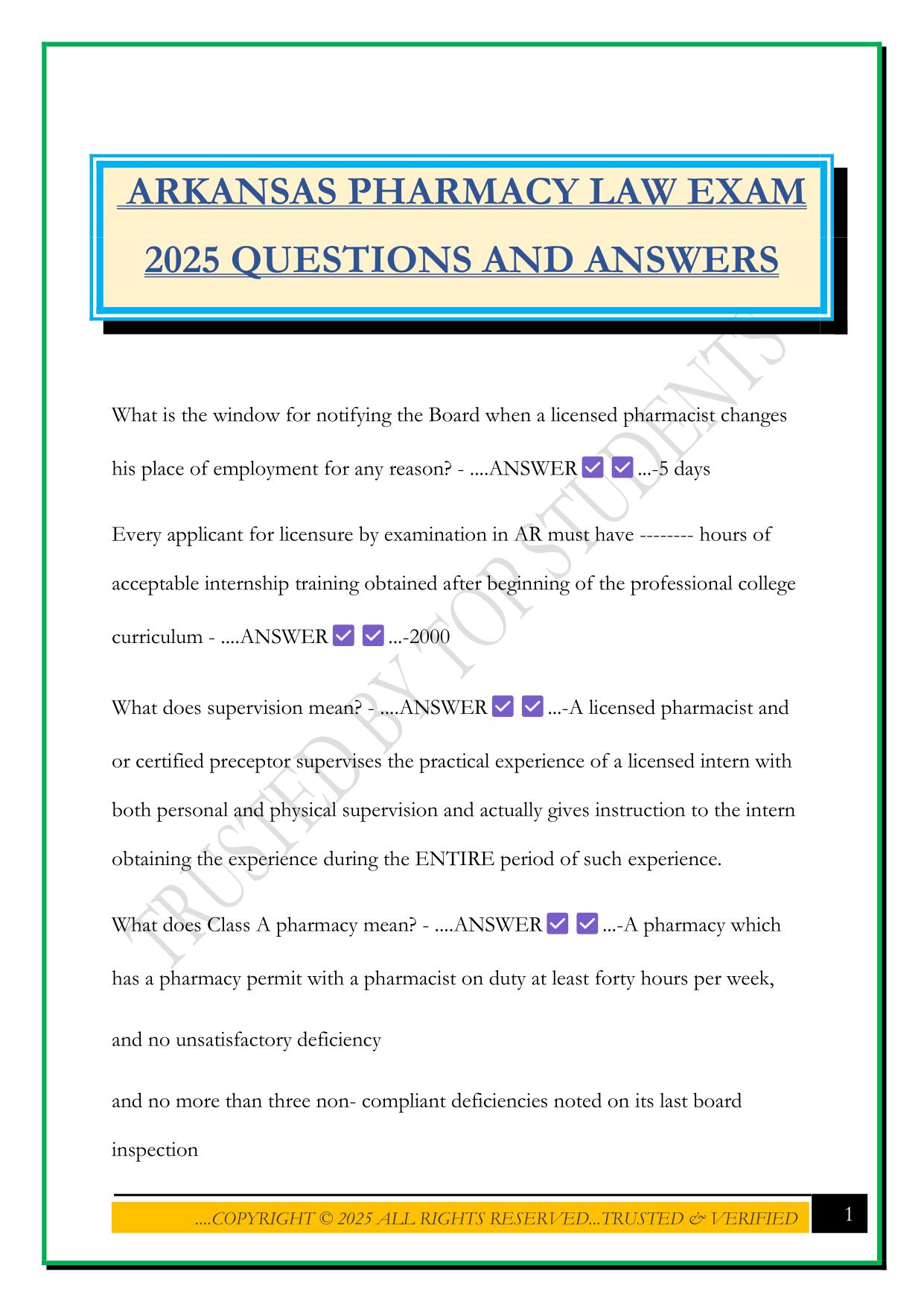 ARKANSAS PHARMACY LAW EXAM 2025 QUESTIONS AND ANSWERS