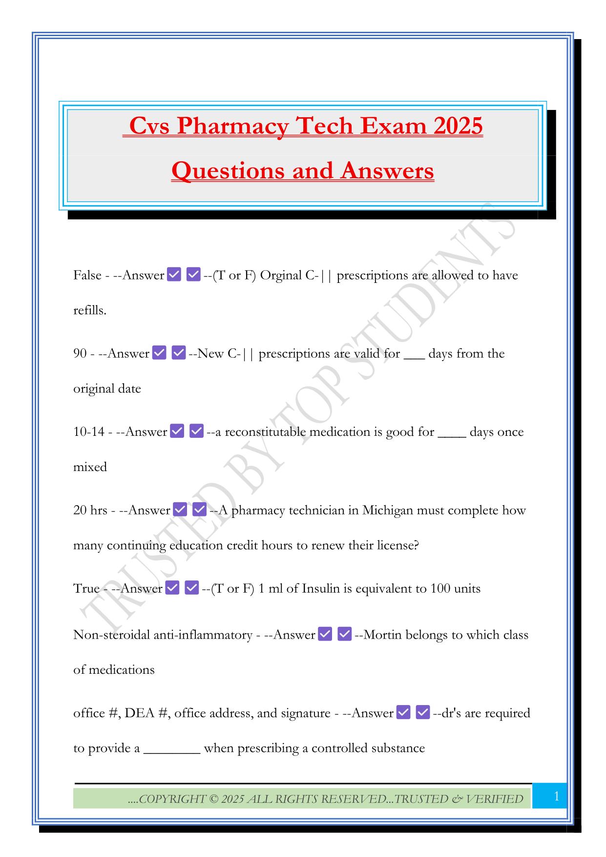 Cvs Pharmacy Tech Exam 2025 Questions and Answers