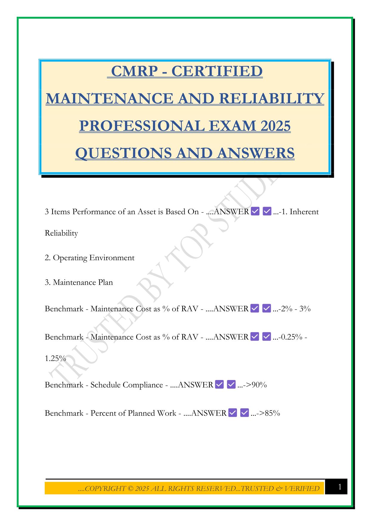 CMRP - CERTIFIED MAINTENANCE AND RELIABILITY PROFESSIONAL EXAM 2025 QUESTIONS AND ANSWERS