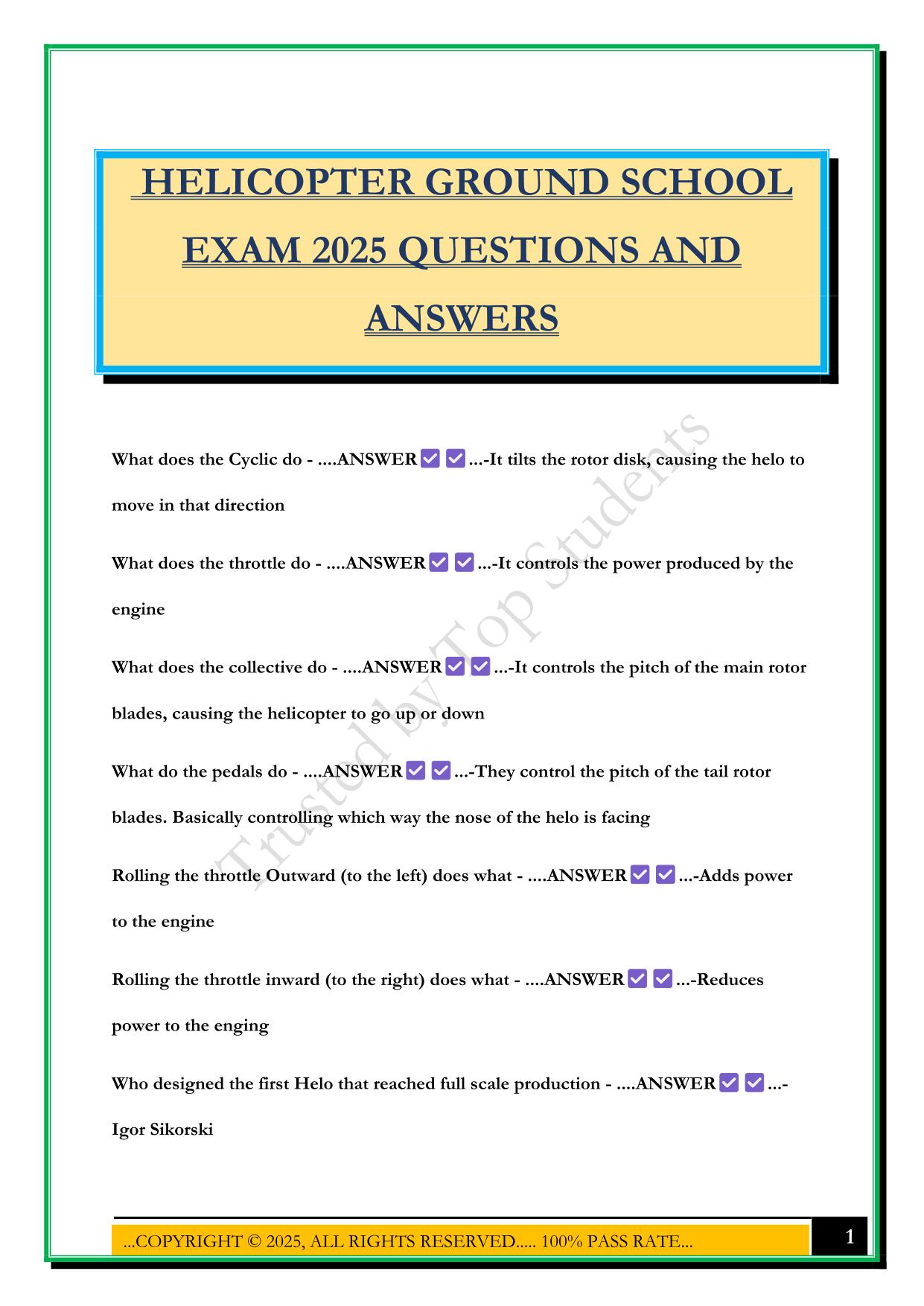 HELICOPTER GROUND SCHOOL EXAM 2025 QUESTIONS AND ANSWERS