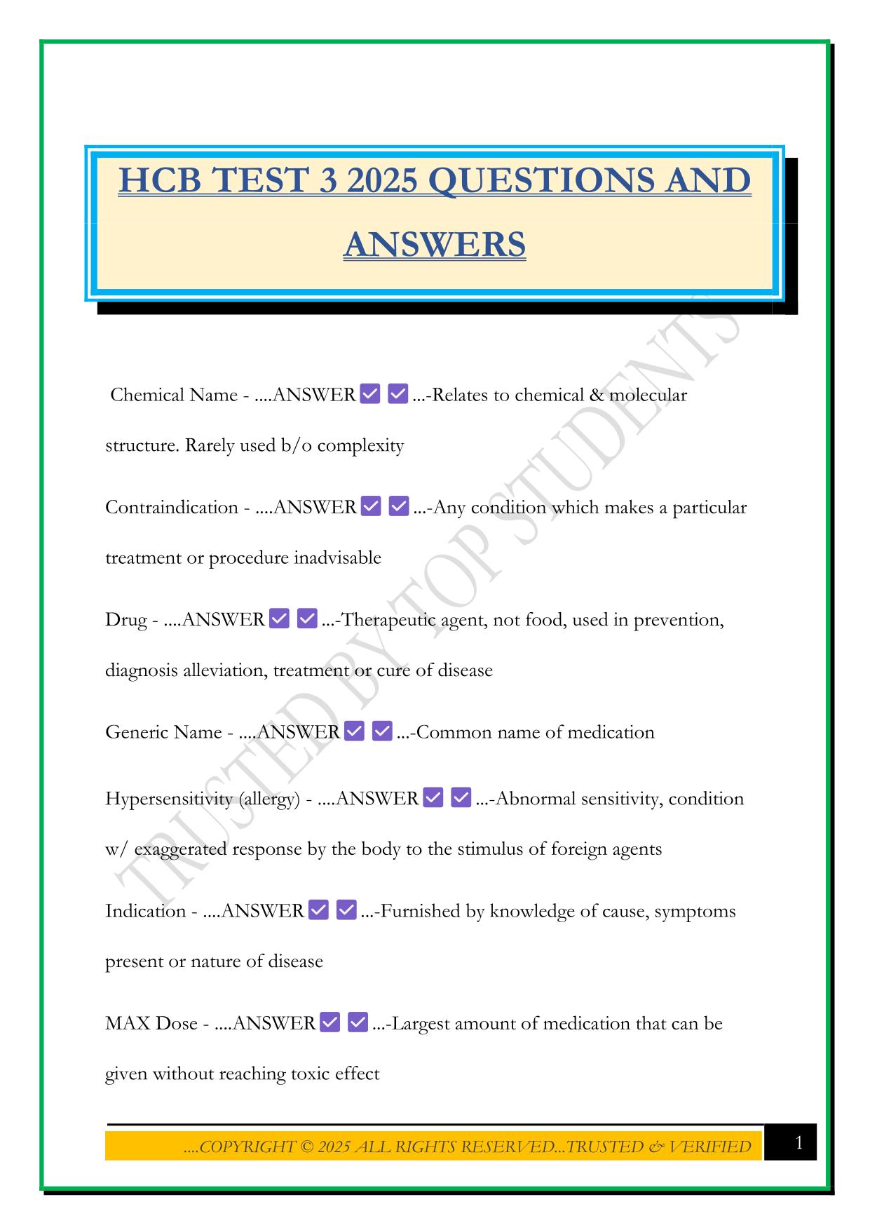 HCB TEST 3 2025 QUESTIONS AND ANSWERS