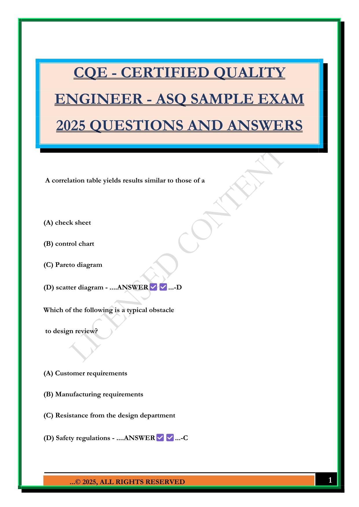 CQE - CERTIFIED QUALITY ENGINEER - ASQ SAMPLE EXAM 2025 QUESTIONS AND ANSWERS