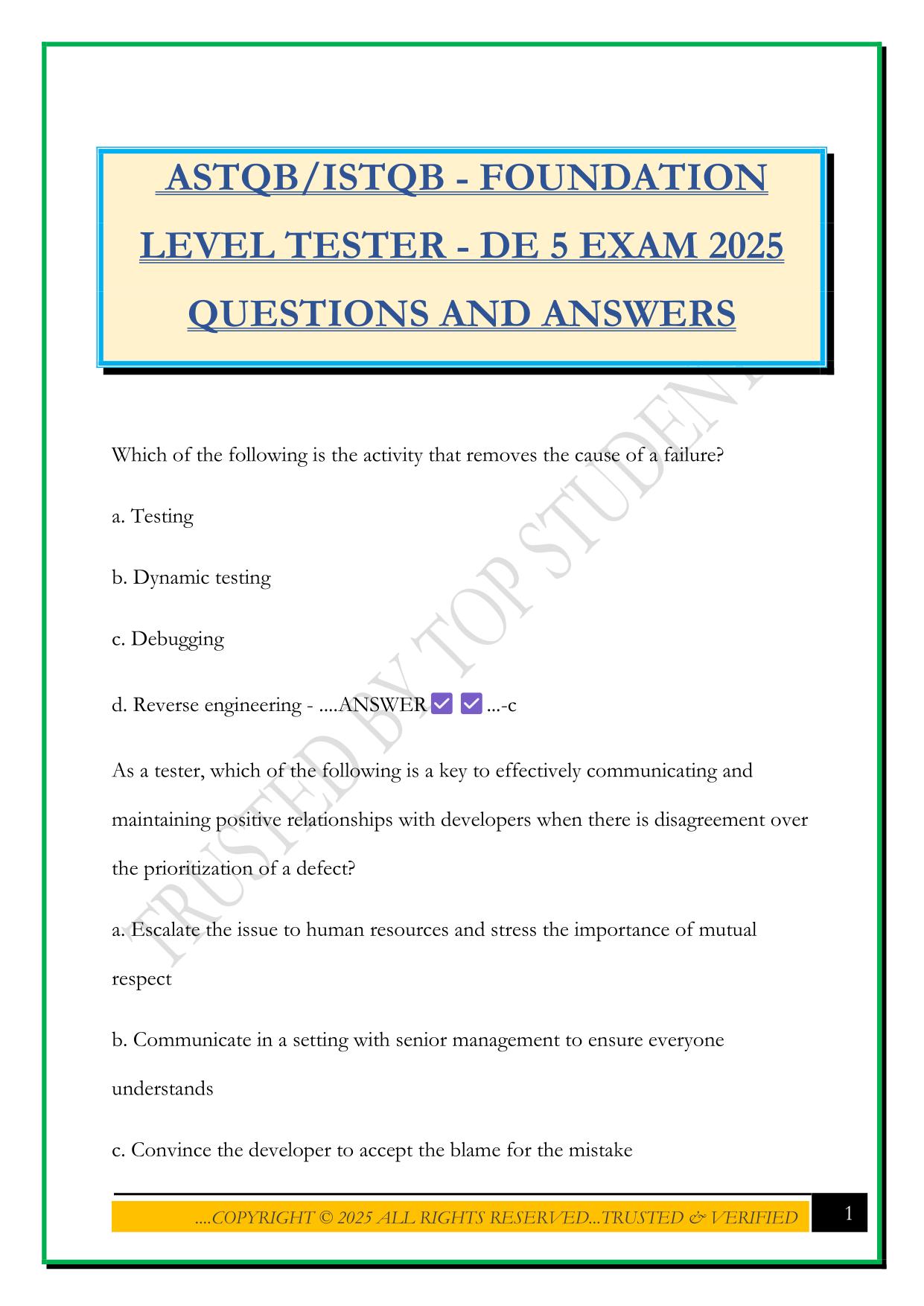 ASTQB/ISTQB - FOUNDATION LEVEL TESTER - DE 5 EXAM 2025 QUESTIONS AND ANSWERS