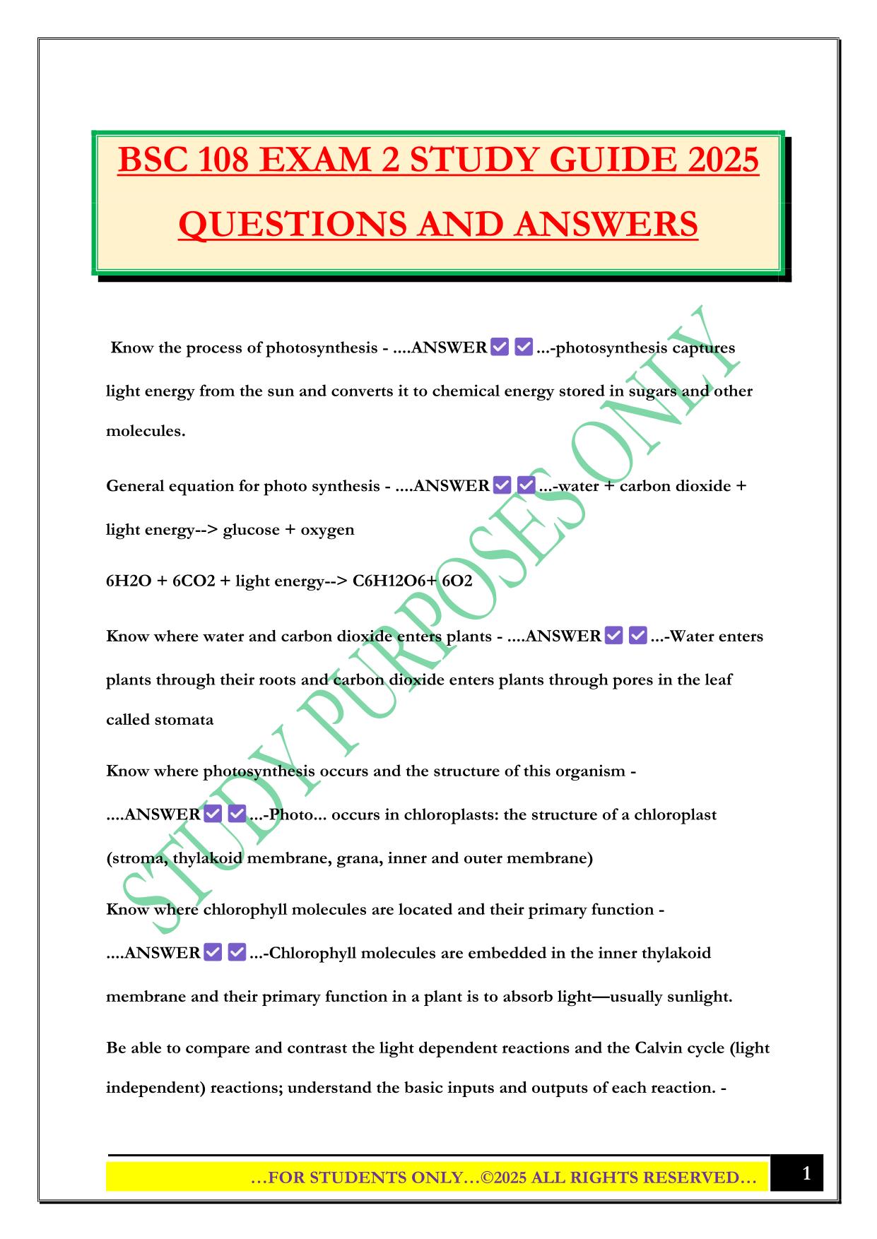 BSC 108 EXAM 2 STUDY GUIDE 2025 QUESTIONS AND ANSWERS