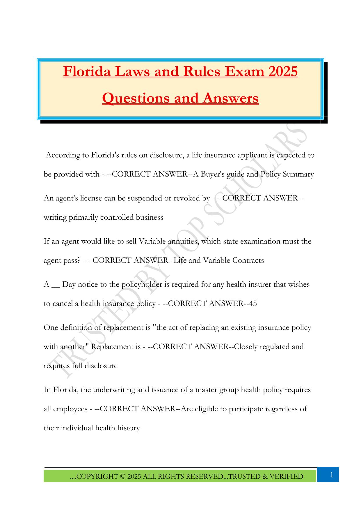 Florida Laws and Rules Exam 2025 Questions and Answers