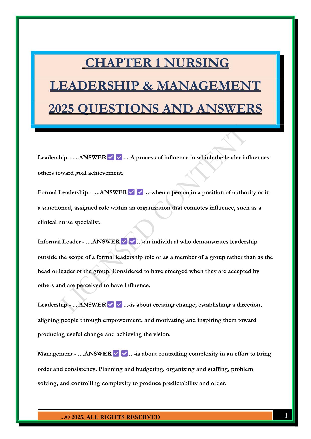 CHAPTER 1 NURSING LEADERSHIP & MANAGEMENT 2025 QUESTIONS AND ANSWERS