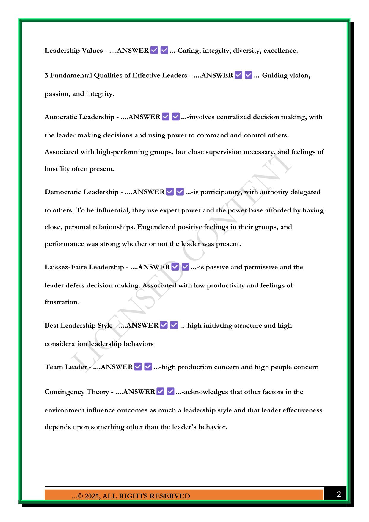 CHAPTER 1 NURSING LEADERSHIP & MANAGEMENT 2025 QUESTIONS AND ANSWERS