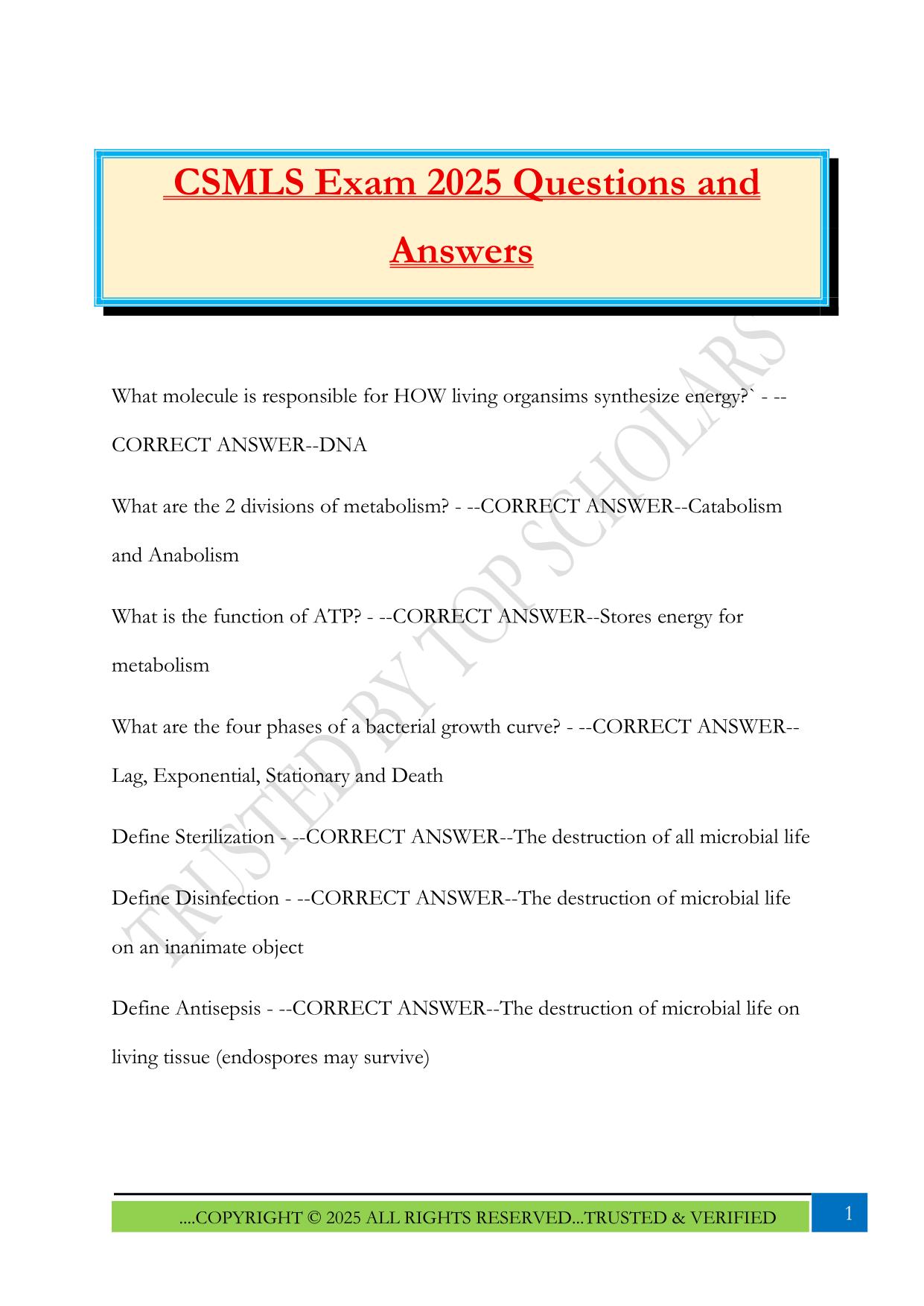 CSMLS Exam 2025 Questions and Answers