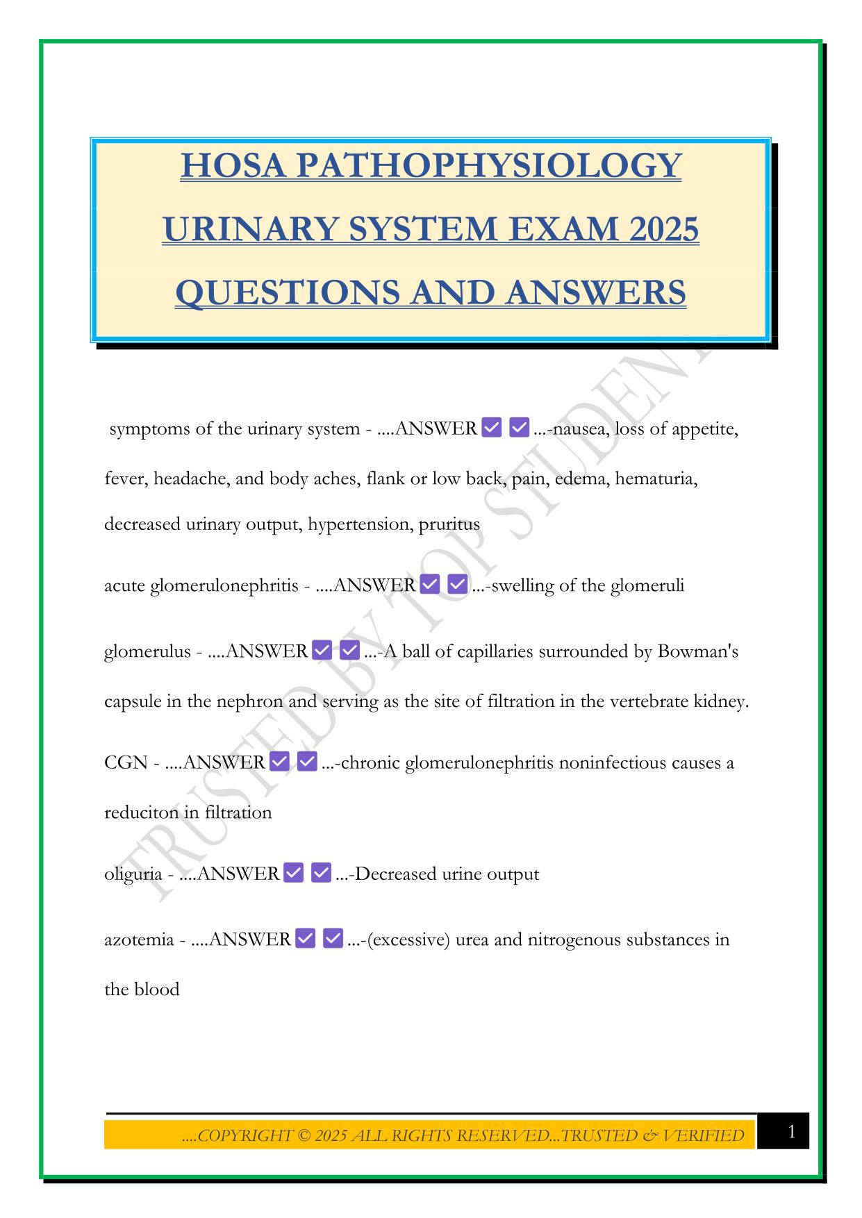 HOSA PATHOPHYSIOLOGY URINARY SYSTEM EXAM 2025 QUESTIONS AND ANSWERS