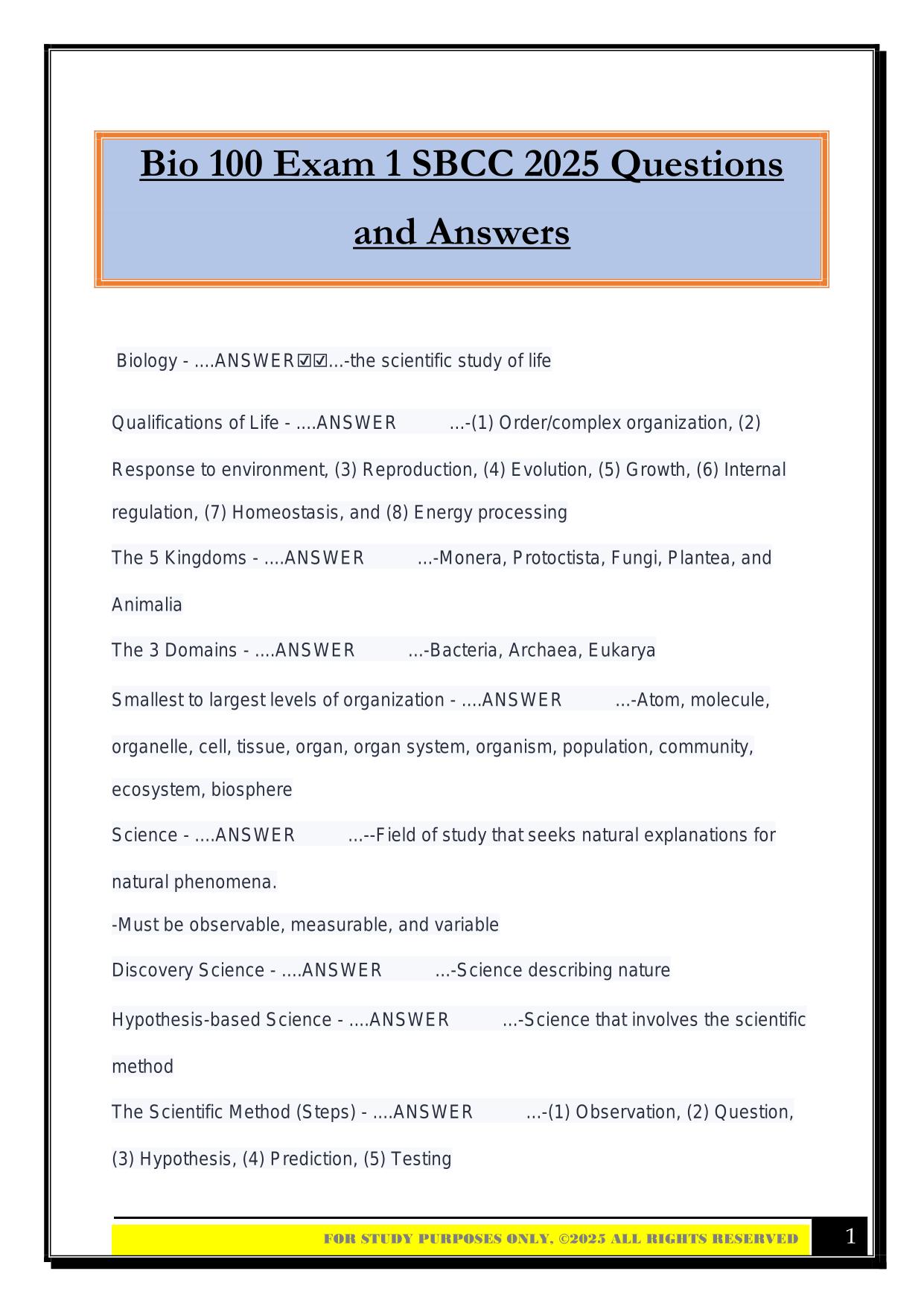 Bio 100 Exam 1 SBCC 2025 Questions and Answers