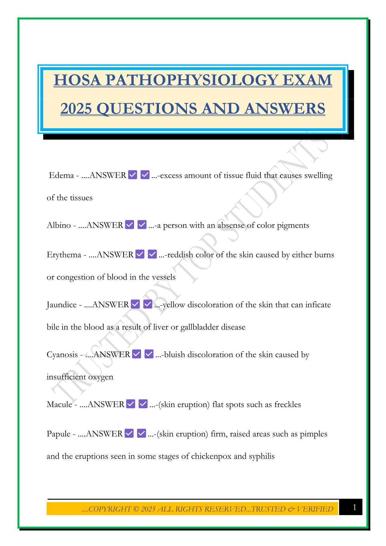 HOSA PATHOPHYSIOLOGY EXAM 2025 QUESTIONS AND ANSWERS