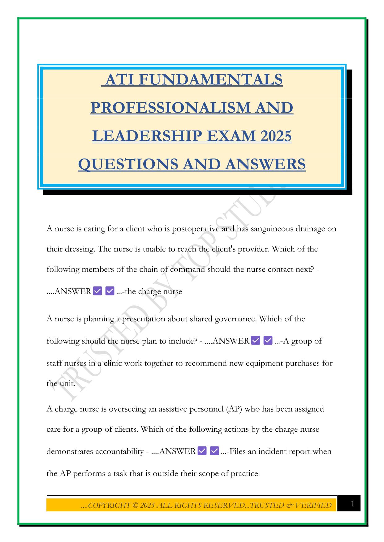 ATI FUNDAMENTALS PROFESSIONALISM AND LEADERSHIP EXAM 2025 QUESTIONS AND ANSWERS