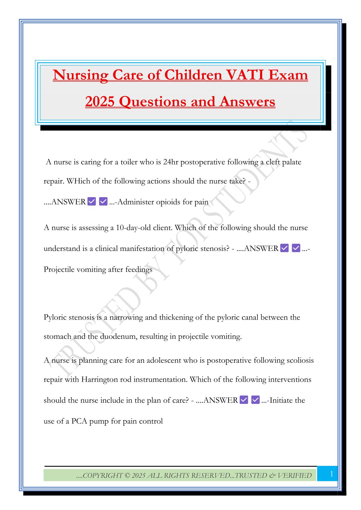 Nursing Care of Children VATI Exam 2025 Questions and Answers